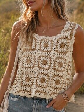 Gilli Crochet Square Tank Top in Cream and Tan